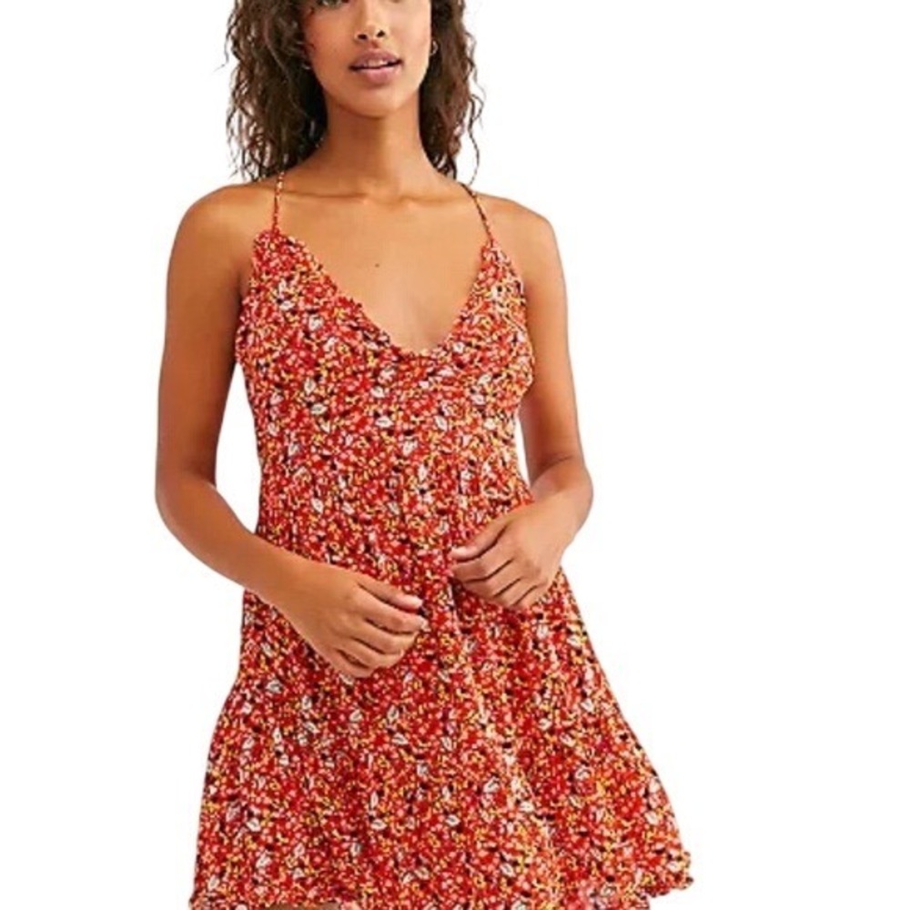Free People Intimately Extratropical Floral Red Mini Dress Boho Raw Hem XS